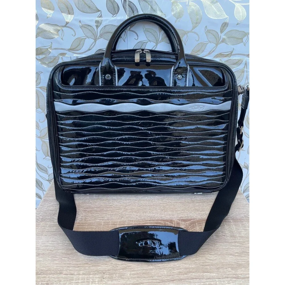 Tumi Black Patent Leather Laptop Briefcase Bag Wave Quilted Retro Whimsigoth Y2K